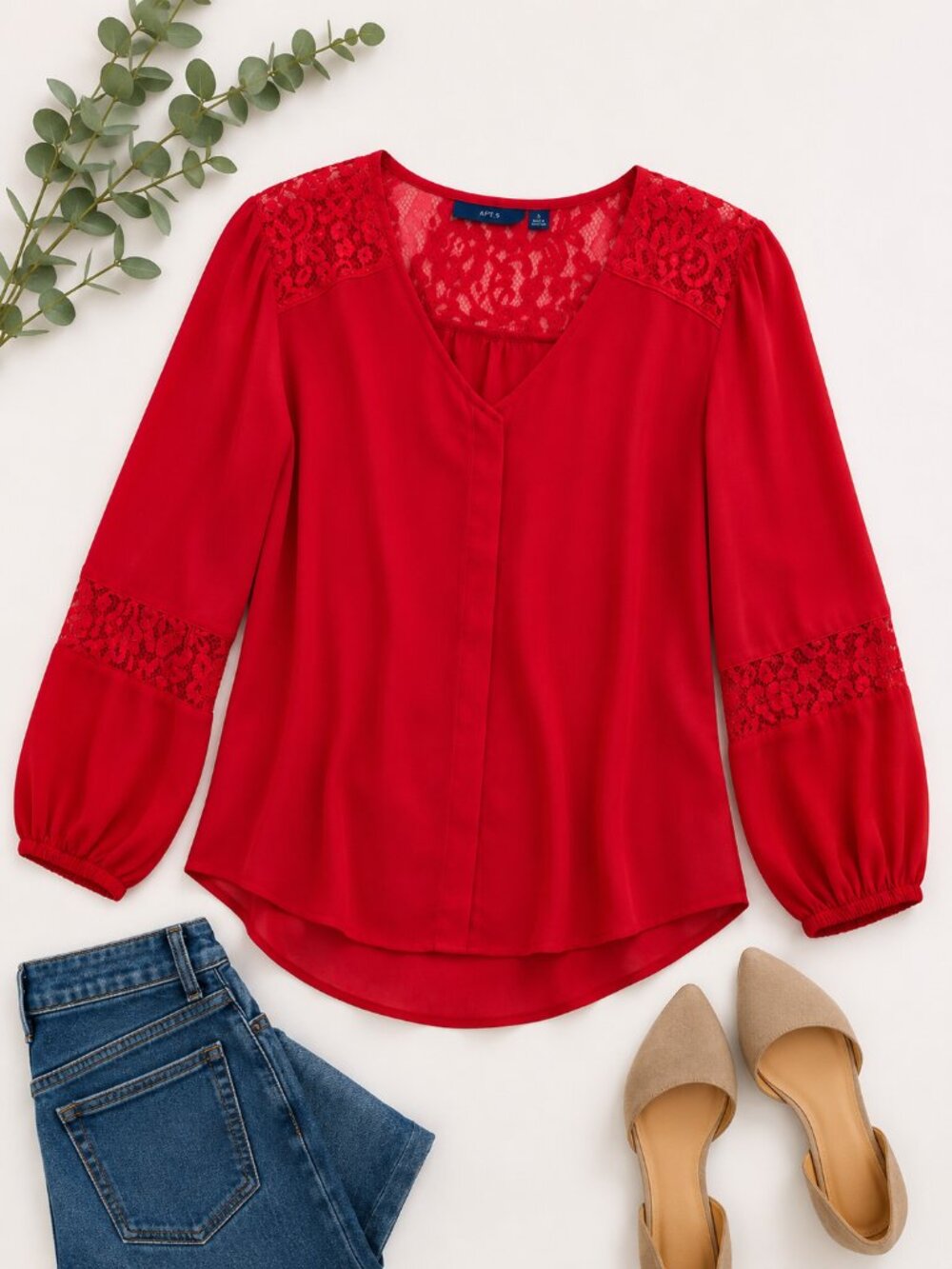 Apt 9 Red Lace Blouse Women’s Small V Neck Long Sleeve Romantic Top